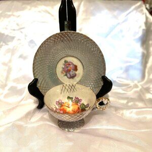 Royal Sealy Lusterware Full Size Tea Cup Set Bone China Waffle Texture Gold Trim